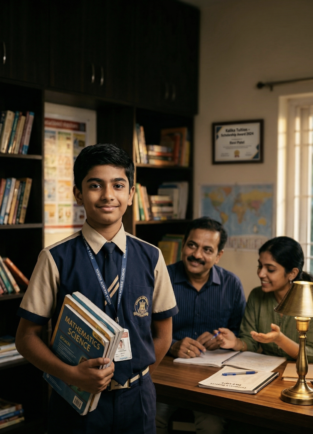 Confident student with books while parent and tutor discuss progress